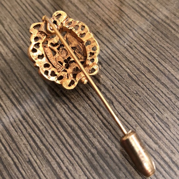 Vintage FLORENZA Stick Pin brooch Green Enamel & Rhinestones - Picture 6 of 16